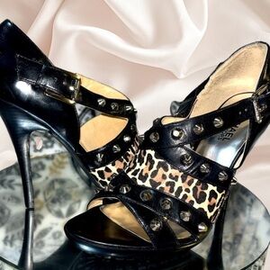 Michael Kors Leather & Calf Hair Leopard Print Studded High Open Toe Heels 7.5M
